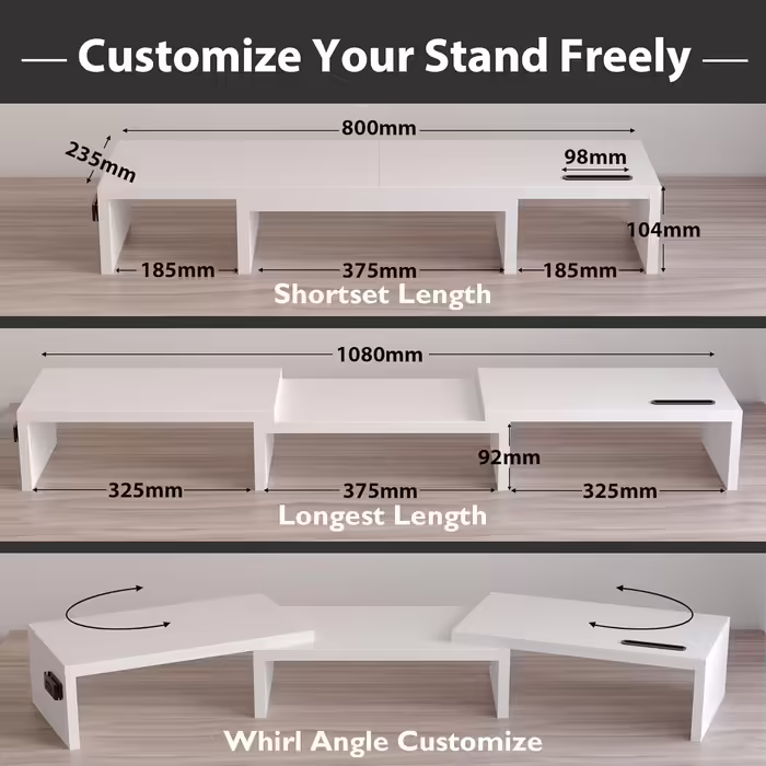 BONTEC Dual Monitor Stand Riser, Desktop Monitor Stand with Smartphone Holder, Adjustable Length and Swivel Angle Wooden Desktop Organizer Monitor Stand for PC Monitor Laptop Printer, White
