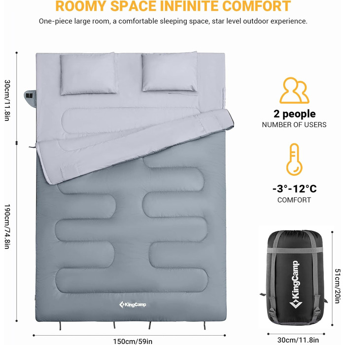 KingCamp Double Sleeping Bag - Winter Adult Sleeping Bag for 2 People with Carry Bag - Outdoor Camping (Gray)