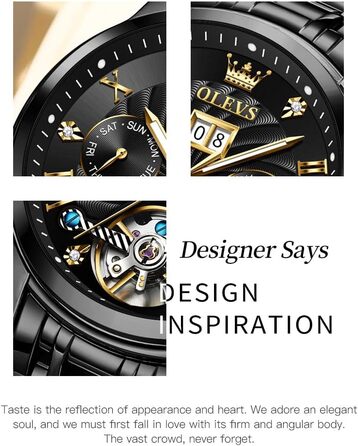 Чоловічий автоматичний скелетон-годинник OLEVS: механічний люксовий годинник із багатофункціональним календарем, водонепроникний, сталевий корпус, чорний