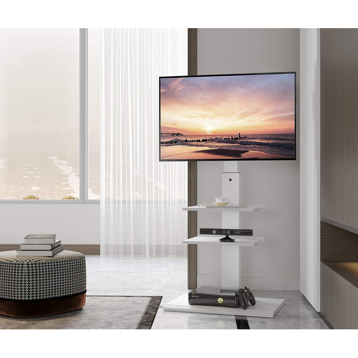 FITUEYES TV Stand White Series-S - 32-65 Inch, 40kg Capacity, Adjustable Height, Swivel & Tilt, 400x600 VESA, 3 Shelves
