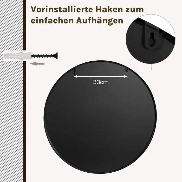 Круглий настінний дзеркало WOLTU 40 см з рамою, сучасний декор для ванної, спальні, вітальні, коридору, декоративне дзеркало для макіяжу зі скла, металу та MDF, з гачком (71L x 71B см, Чорний)