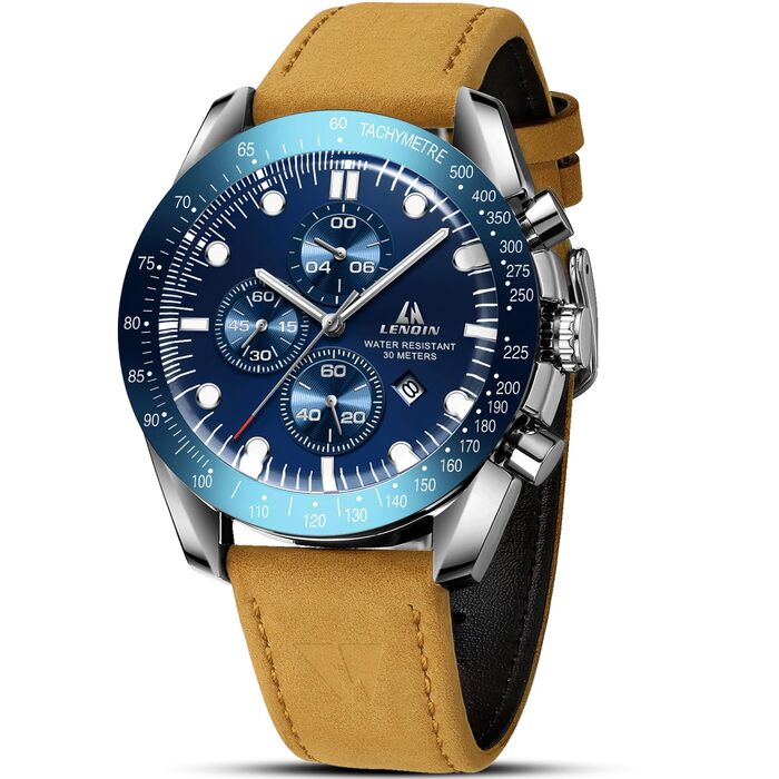 Годинник чоловічий LN LENQIN аналоговий кварцовий з датою, водостійкий 30M, модальний, повсякденний, коричневий, сріблястий, блакитний, без хронографа