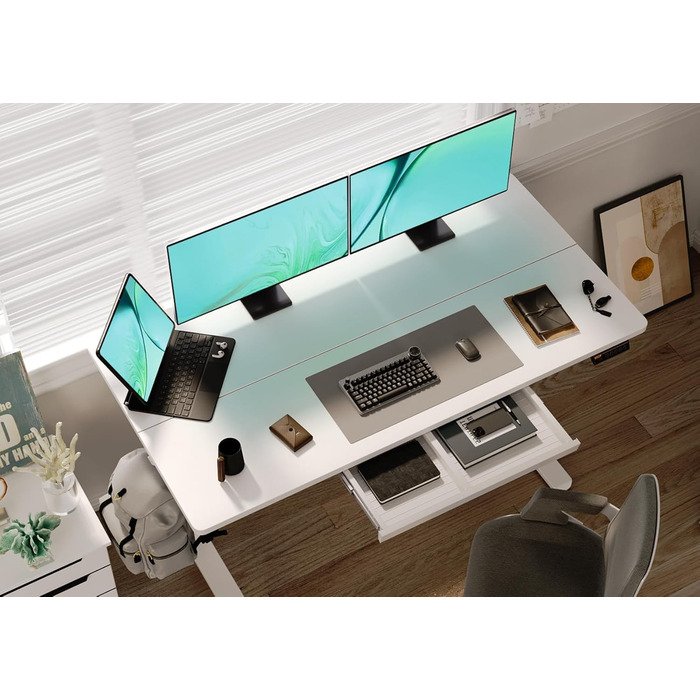 Електричний регульований стіл Claiks 120x60 см з ящиком, 80 кг, пам'ять, 2 гачки для навушників, білий