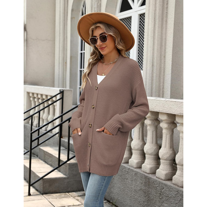 Жіночий в'язаний кардиган Zeagoo з довгим рукавом, вільний крій, V-подібний виріз, грубий в'язання, на кнопках, кавовий колір, розмір XL