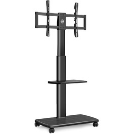 FITUEYES Rolling TV Stand with Wood Shelf - Adjustable Height & Swivel - Fits 32-70 inch TVs up to 40kg, VESA 400x600 - White/Black