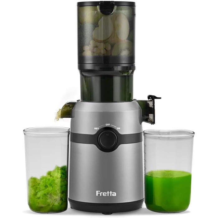 Fretta Slow Juicer with 108mm Opening & 1L Capacity, Juicer for Vegetables and Fruits - Test Winner, 200W Electric Juice Press with Cold Press, Easy Cleaning and Quiet Motor, BPA-free (Gray, 1L) 1L Gray