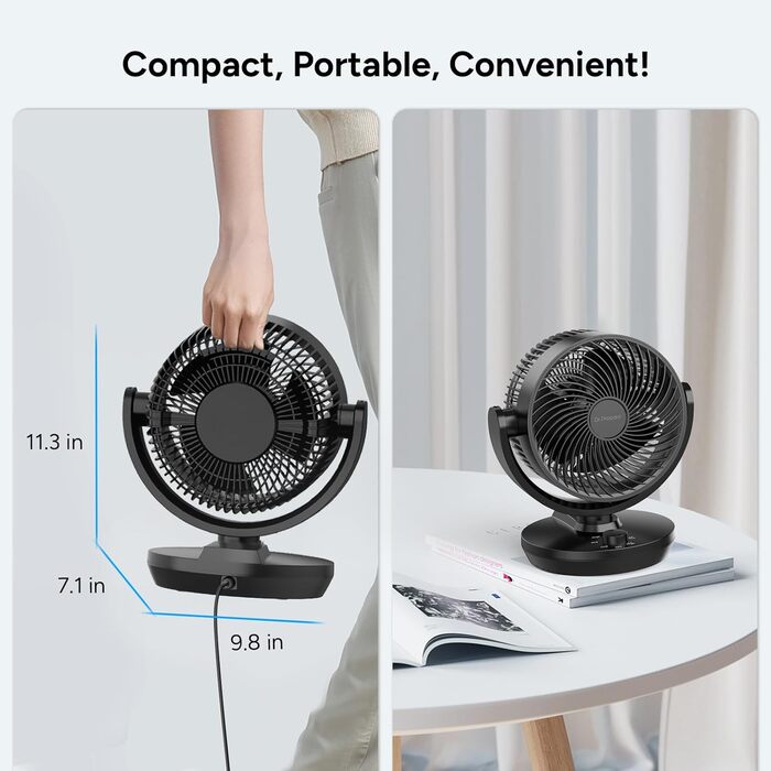 Вентилятор настільний DR.PREPARE, 25 дБ, тихий, ефективне охолодження, 3 швидкості, таймер 2-12 годин, осциляція 90°, 8 дюймів