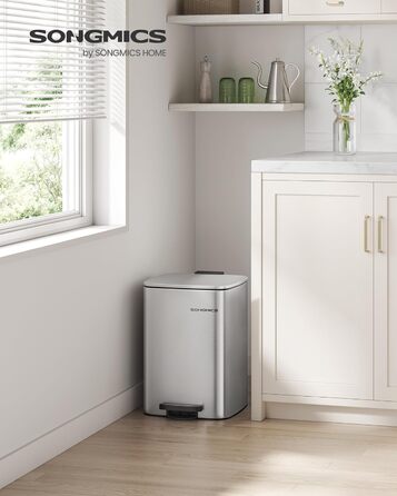 Відро для сміття SONGMICS 20 л з педаллю, сталеве, з внутрішнім відром, Soft-Close, металік срібло