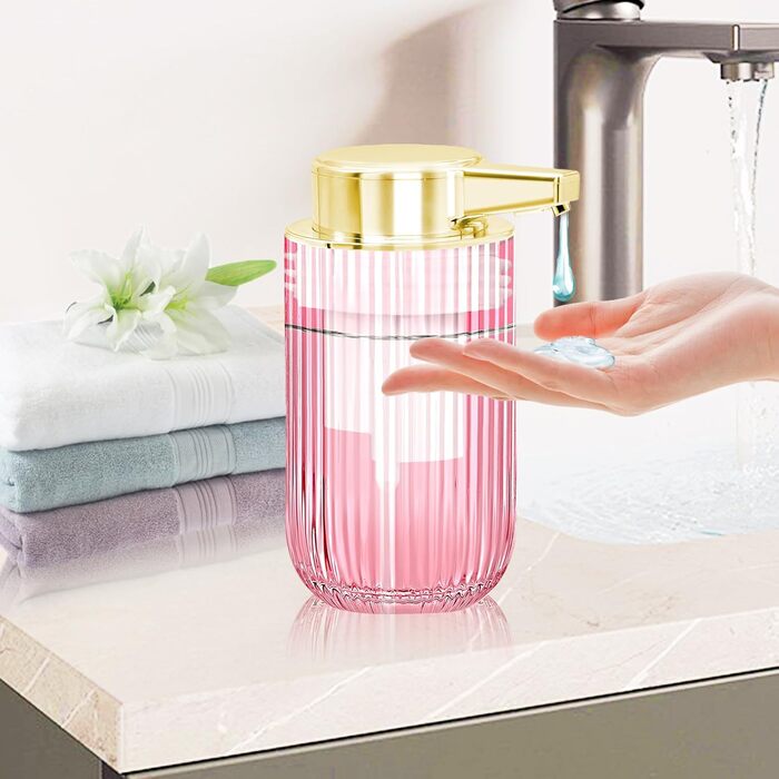 Автоматичний безконтактний диспенсер для мила на 300 мл з рожевого скла, перезаряджуваний, без дотиків, з електричним сенсором, для дому та офісу
