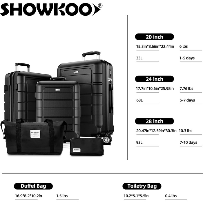Набір валіз SHOWKOO 3 шт. з жорстким корпусом, ABS+PC, розширюваний, військово-зелений (M, L, XL) з TSA замком та 4 колесами