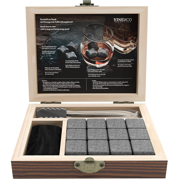 Набір кам'яних кубиків для віскі - 12 багаторазових кубиків з базальту, щипці + тканинний мішечок. Аксесуари для бару, коктейлів, віскі, джину. Декоративні кубики, подарунок. Базальтові кубики для віскі, 12 шт.