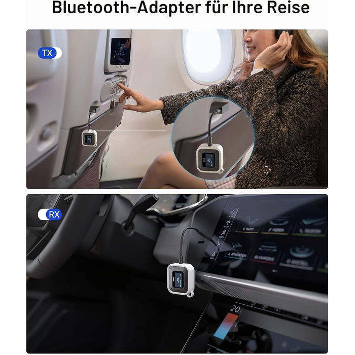 Bluetooth-трансмітер та ресивер Syntech 5.3 з LED-дисплеєм, адаптер 3.5 мм AUX для літака, авто та навушників AirPods, низька затримка, Dual Link, білий