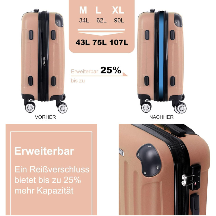 Набір валіз 3er - міцні валізи з ABS-корпусом, TSA-замок, розширюваний об'єм - M, L, XL, захист кутів, 360° колеса, телескопічна ручка, підходить для ручної поклажі & можна складати (персиковий)