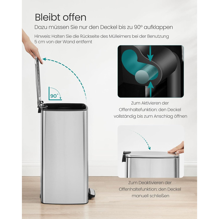 Відро для сміття SONGMICS з педаллю, 30 л, нержавіюча сталь, з внутрішнім відром, Soft-Close, LTB592E01