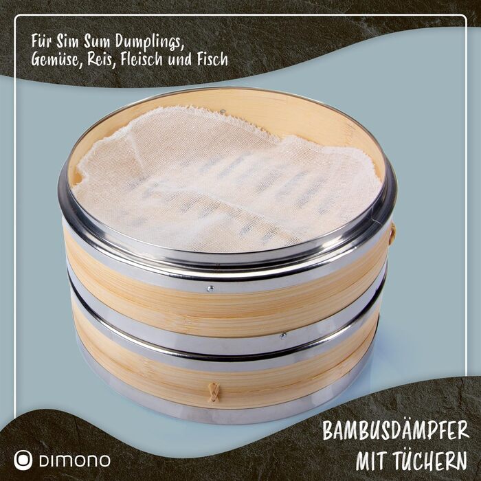 Пароварка Dimono® з бамбука та нержавіючої сталі, 2 яруси, з кришкою. Підходить для приготування рису, овочів, м'яса, риби, дим сум, "Ø 24 см"