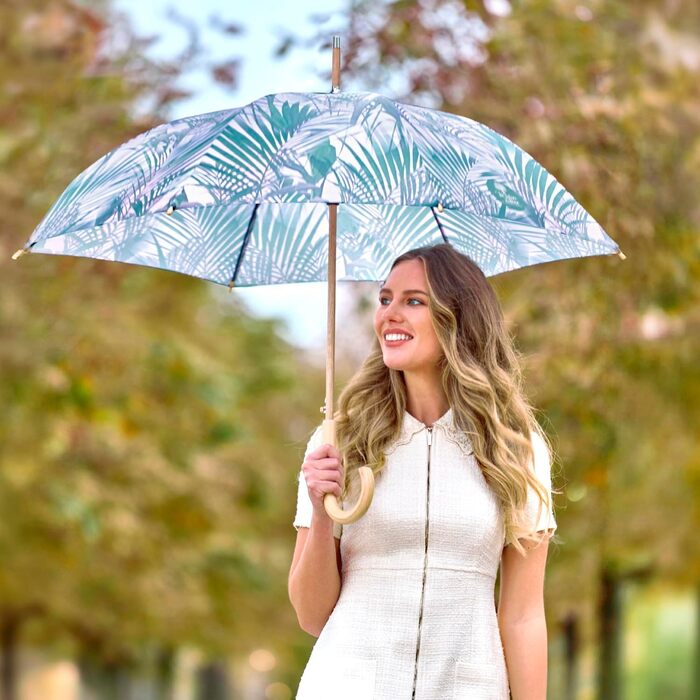 Perletti Green Eco Women's Umbrella - Recycled Material, Automatic Open/Close, 102cm Diameter, White Kentia Flower Design
