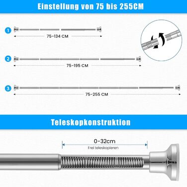 Штанга для душу з кріпленням без свердління, телескопічна, 72-134 см, діаметр 25 мм, срібна