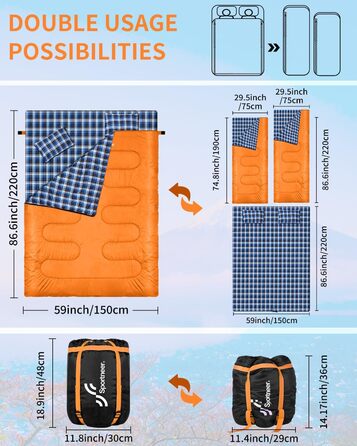 Сплячий мішок Outdoor Sportneer для 2 осіб, 3 сезони, 220x150 см, 2.75 кг, з 2 подушками, для дорослих, оранжевий (без фланелевої підкладки)
