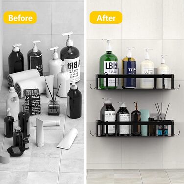 Полка для душу без свердління, 2 шт. Алюмінієва полиця для душу, нержавіюча сталь, кошик для душу з 6 клейкими поверхнями та 4 гачками, чорний колір. Підходить для ванної кімнати, кухні.