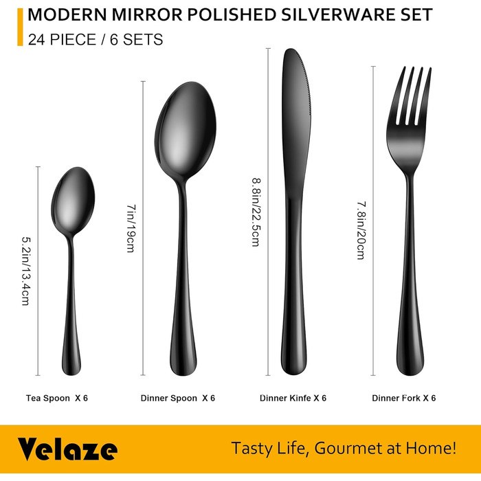 Набір столових приборів Velaze, 24 штуки, нержавіюча сталь 18/10, набір столових приборів на 6 осіб (ложки, виделки, ножі, чайні ложки), полірований, з подарунковою коробкою, придатний для миття в посудомийній машині