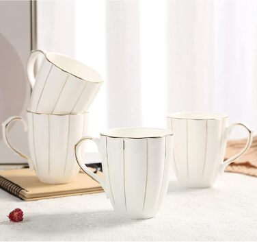 DUJUST Coffee Mug Set of 4 (400ml), Luxurious British Style with Handcrafted Golden Accents, Premium Bone China Cup Set in White and Gold for Coffee & Tea, Beautiful & Elegant