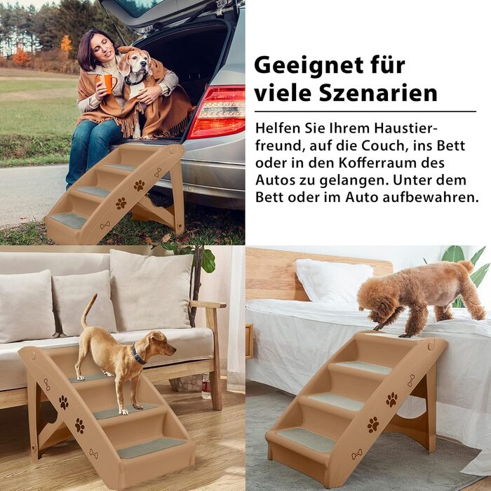 Складана собача драбина Froadp 49x38x61 см з 4 сходинками, з антиковзким покриттям для собак та котів (колір: коричневий)