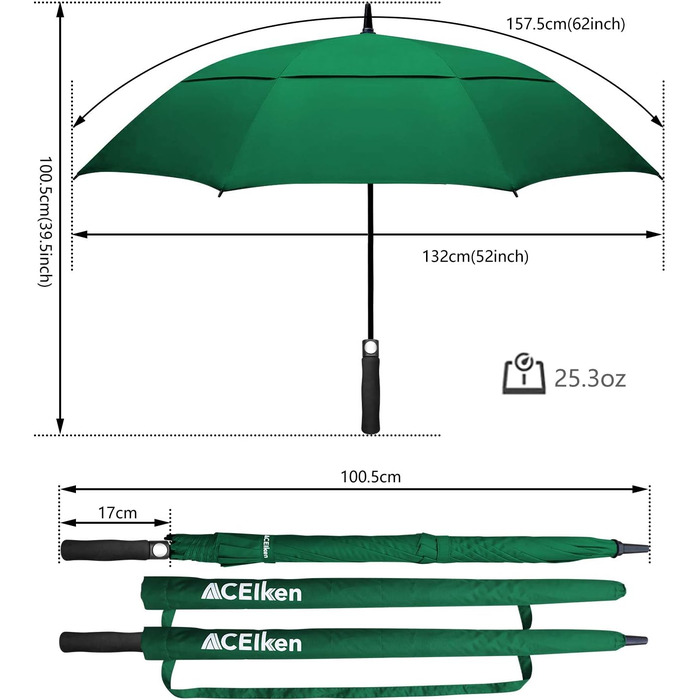 Вітростійкий парасолька великого розміру XL/XXL з автоматичним відкриванням та подвійним вентиляційним отвором - високоякісний тростиночний парасолька для жінок та чоловіків, ідеальний як гольф-парасолька (темно-зелений, 62 дюйми/157 см)