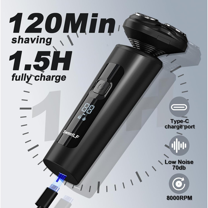 Електричний чоловічий бритва SweetLF з прецизійним тримером, мокрий/сухий, 5D ротаційний, перезаряджуваний, з блокуванням від перенесення, бездротовий (чорний)