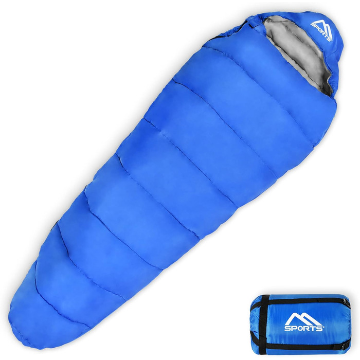 Спальний мішок MSports Premium Outdoor з ременем для перенесення - вибір на весну/літо (200GSM) або осінь/зима (300GSM) для кемпінгу, подорожей, фестивалів - теплий спальник-кокон оливкового кольору (Королівський блакитний, 200 GSM - весна/літо)
