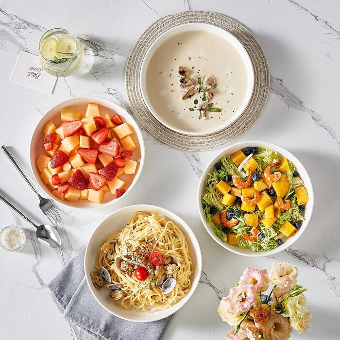 MALACASA Muesli Bowls 4-Piece Set, 700ml Soup Bowls Porcelain Salad Bowl Set Dessert Bowls Breakfast Bowls Ceramic Large Bowls Set for Noodles, Salad, Fruit, LUNA Series White