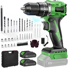 Ginour 21V акумуляторний ударний дриль-шуруповерт, комплект 47 предметів, сумісний з Makita 18V, 50 Nm, 2 швидкості, LED, 10 мм