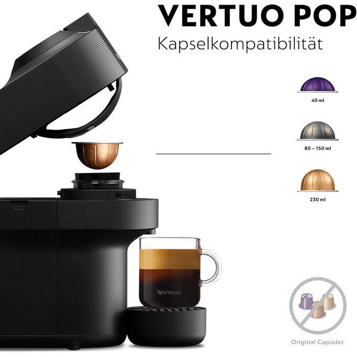 Кавомашина Nespresso Vertuo Pop ENV90.P з функцією Cold Brew, Bluetooth та Wi-Fi, 4 розміри чашок, в комплекті Aeroccino та подарунковий набір, Liquorice Black
