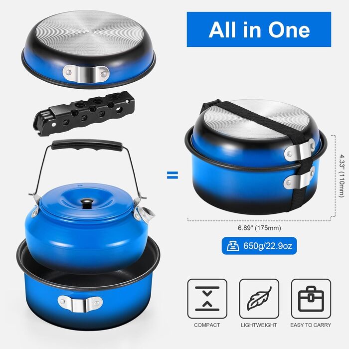 Odoland 5-Piece Camping Cookware Set - Nonstick Lightweight Pot Pan Kettle with Detachable Handle - Backpacking, Camping, Hiking & Picnic Cookware Set