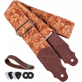 Гітарний ремінь з натуральної шкіри (2 дюйми) для акустичної, бас та електрогітари. Регулюється від 96 до 163 см. М'яка обробка деревини, коричнева квітка.