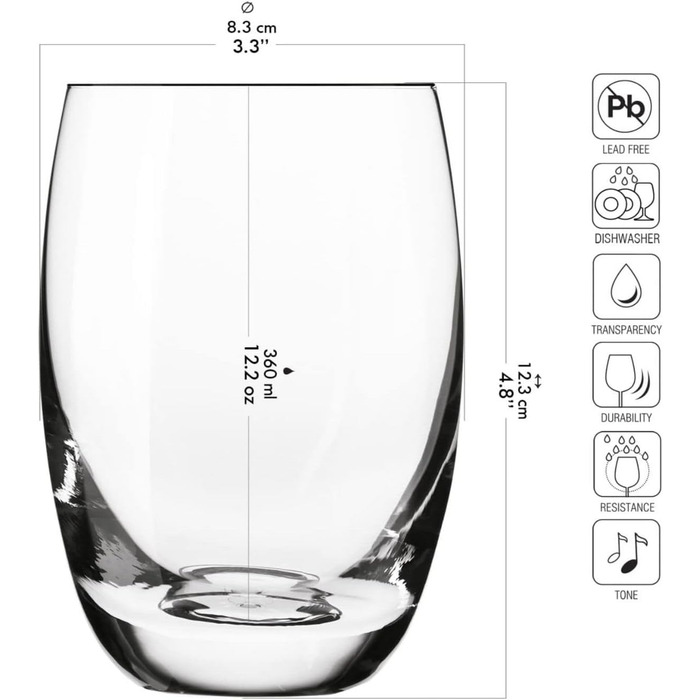 Krosno - Gin & Tonic Glasses, Water Glasses, Set of 6, 360 ml Elite Collection - Crystal Glass Juice Glasses, All-Purpose Glasses, Mocktail Glasses, Cocktail Glasses, Drinking Glasses, Brandy, Cognac - Dishwasher Safe