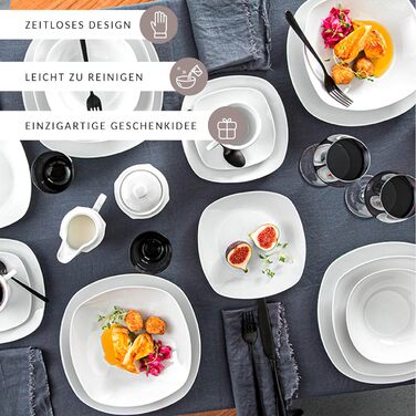 SÄNGER | Bilgola White Tableware Set, 18-Piece Dinnerware Set for 6 People with Soup, Dessert, & Flat Plates Made of Porcelain | PREMIUM COLLECTION Tableware Set 18 pcs