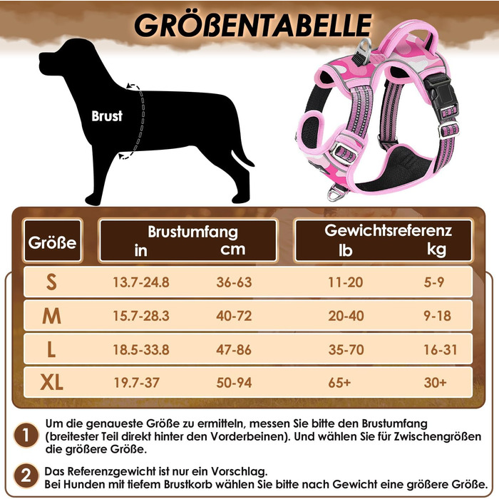 Нашийник для собак великих порід, шлейка з двома карабінами та зручною ручкою, регульована та світловідбиваюча, для щоденних тренувань (L), камуфляж рожевий