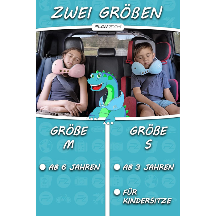 FLOWZOOM Neck Pillow for Children 6 Years and Up - Travel Pillow for Kids Airplane & Car Pillow for Children - Neck Support for Kids Made of Memory Foam with Extra Soft & Washable Cover, Comfy Kids Blue - Size M