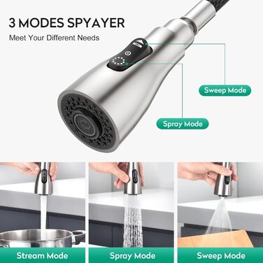 Кран кухонний CREA з 3 функціями: душ, висувна лійка, поворот 360°, нержавіюча сталь