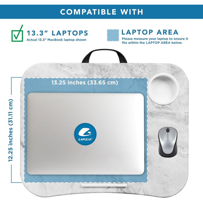 Підставка для ноутбука LapGear з тримачем для напоїв та кутом для пристроїв, білий мармур, до 15.6 дюймів