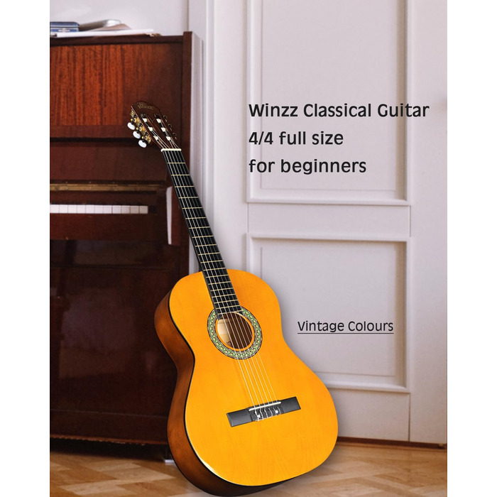 Кітара класична Winzz 4/4 для дорослих та дітей (від 11 років), набір для початківців, чорний глянцевий, 39 дюймів