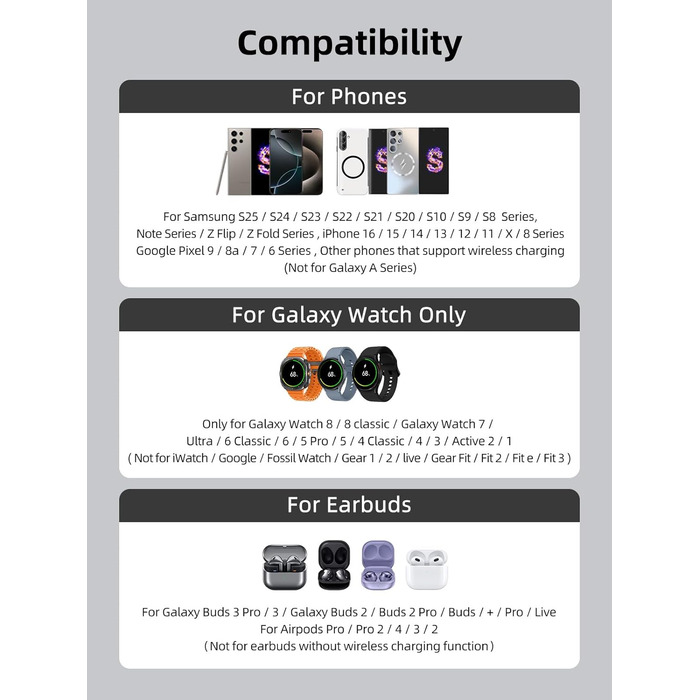 Магнітна бездротова зарядка Samsung з активним охолодженням 3-в-1 для Galaxy S26 Ultra, Watch 8 та Buds 4. Складана Qi зарядка для Android (Біла)