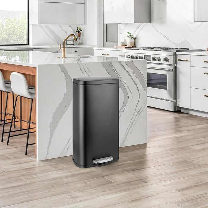 Відро для сміття LIFERUN 30л з кришкою, з м'яким закриттям, сталеве, з внутрішнім відром, для кухні, ванної кімнати, офісу, чорне