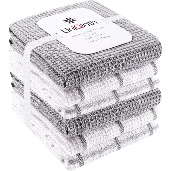 UniQloth 6-Piece Dish Towel Set - 100% Cotton - for Restaurant, Bar, Glass - Absorbent, Machine Washable Dish Towels with Hanging Loop - 38x64 cm Grey