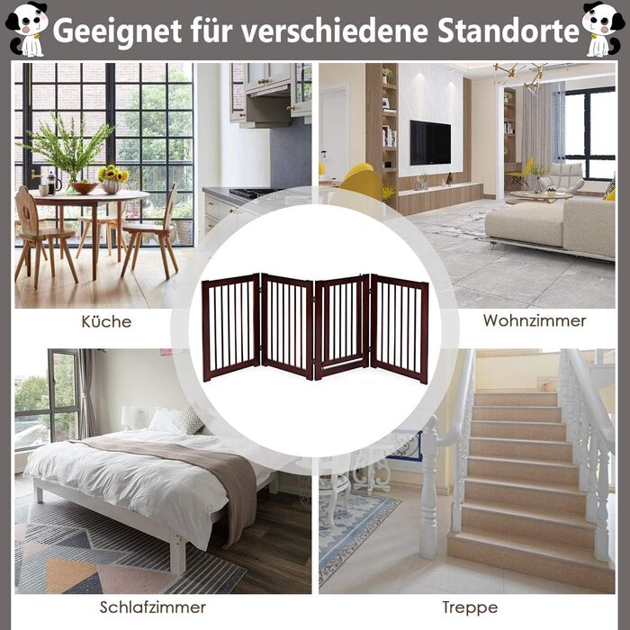 Захисний бар'єр для собак COSTWAY 76 см, 4 панелі, дерев'яний з хвірткою, для дому, дитячий, складний, коричневий