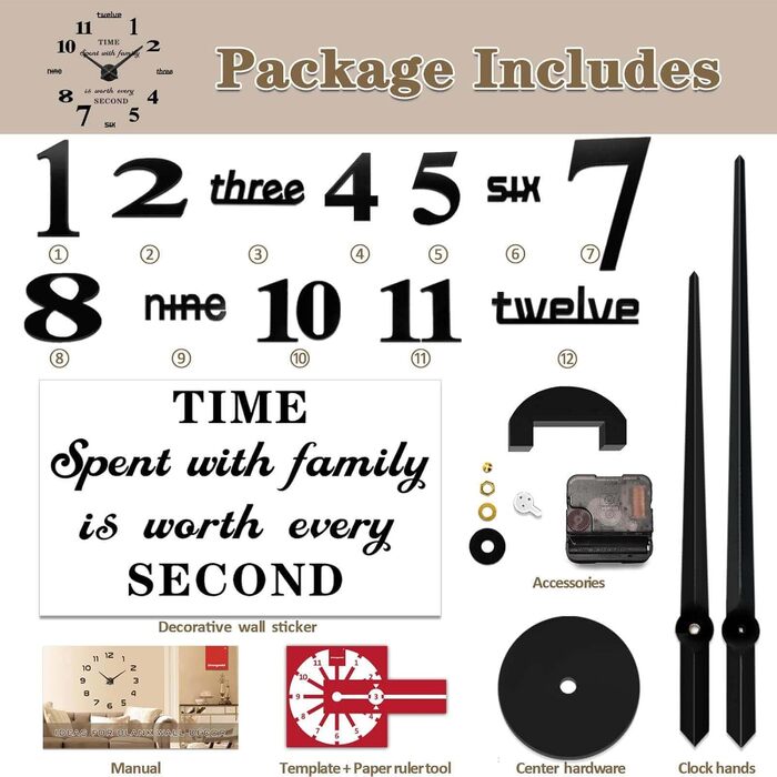 Vangold Modern Mute DIY Large Wall Clock 3D Sticker Home Office Decor Gift (Black)