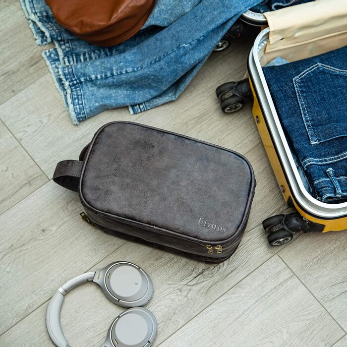 Чоловічий туалетний набір Elviros, подарунок для чоловіків, водонепроникний з PU-шкіри, велика кишеня для подорожей, бізнесу, спорту, ванної кімнати, темно-сірий, розмір L, 30,5 x 17 x 18 см