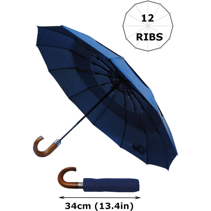 Чоловічий парасолька COLLAR AND CUFFS London 80KPH з автоматичним відкриванням, компактна, вітростійка, з дерев'яною ручкою, темно-синього кольору