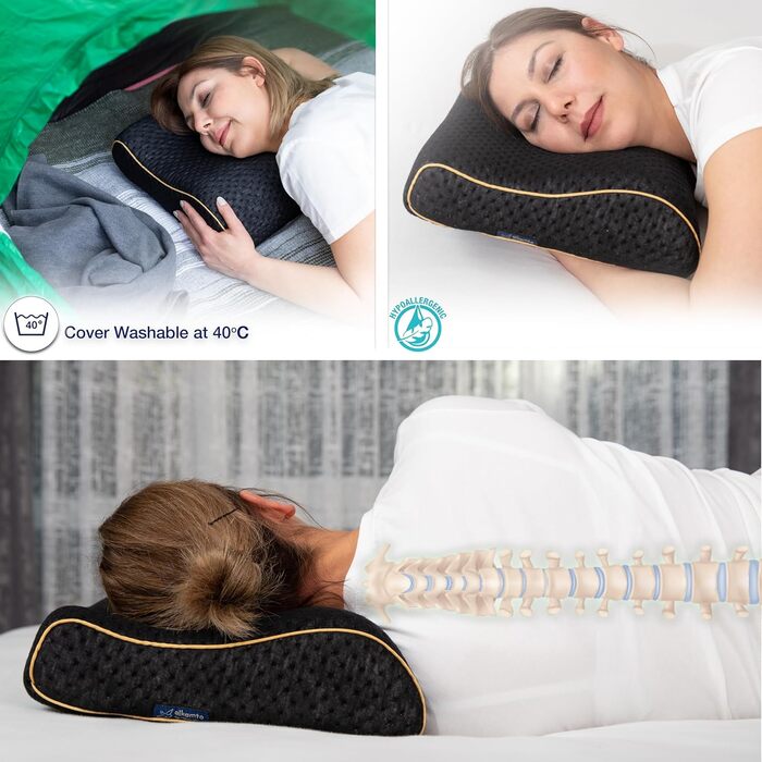 Подушка для подорожей Alkamto: ергономічна подушка з memory foam, регульована температура, Oeko-Tex Made IN Green (чорна, 35x30x10/8 см)