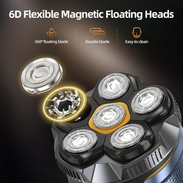 Електрична бритва для гоління голови Glatzen 6D, чоловіча, 2 режими, магнітна, IPX7 водонепроникна, Type-C, для сухого та вологого гоління 0.0 мм